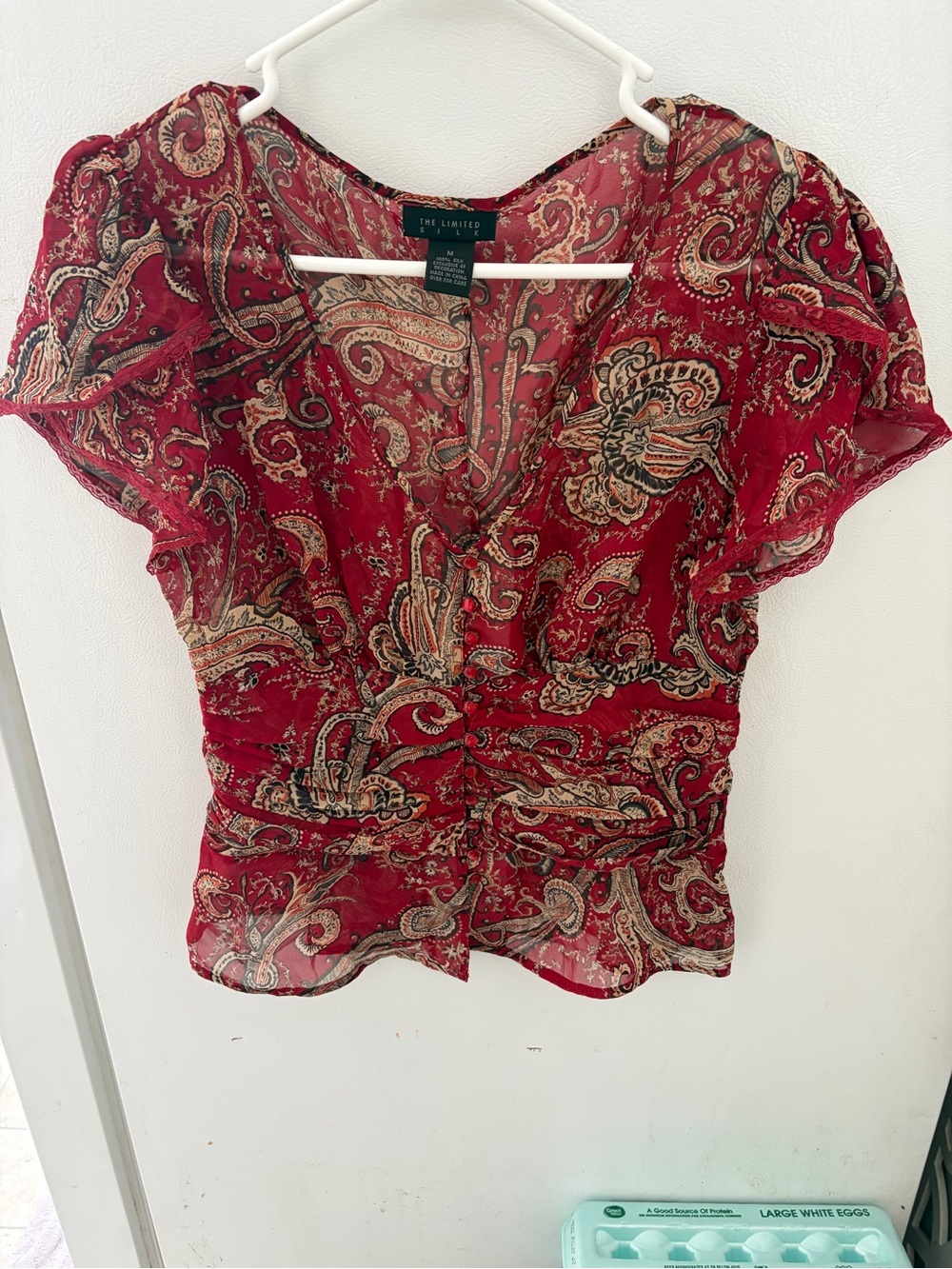 The Limited Burgundy Paisley Short Sleeve Sheer Silk Blouse